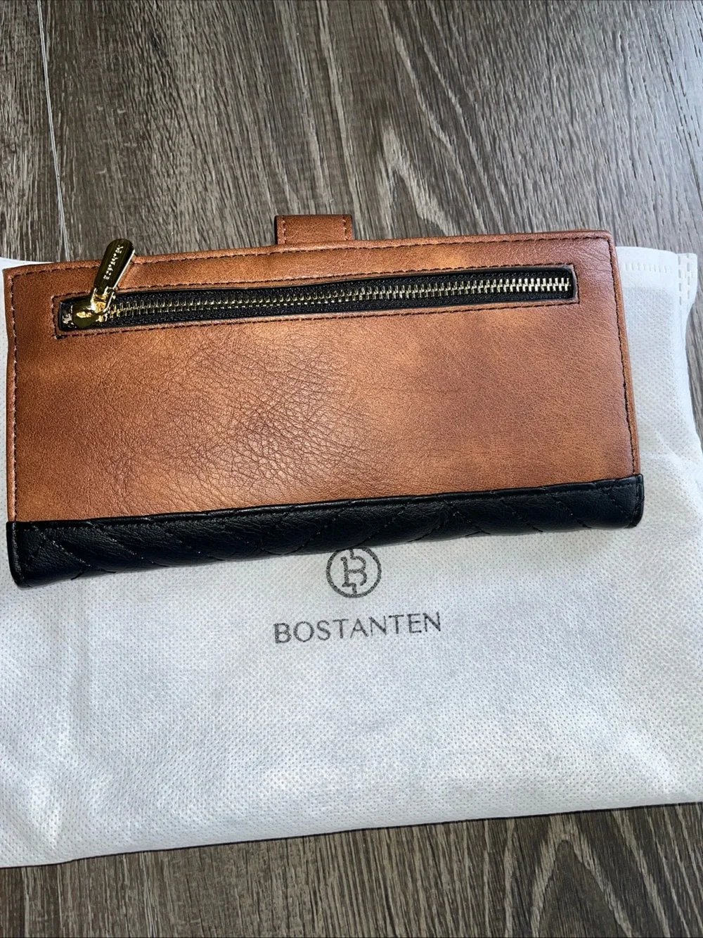 BOSTANTEN slim Black Quilted Leather bifold card Wallet with Tan Tab